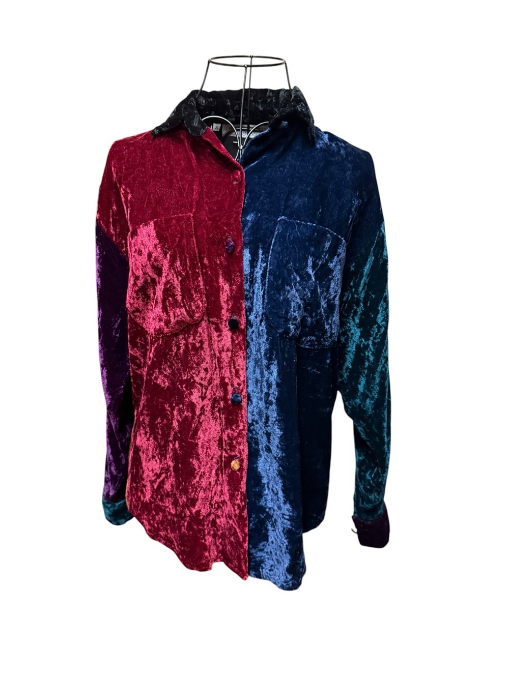 Broomskirts Dallas Velvet Colorblock Top in Black, Red & Blue Small